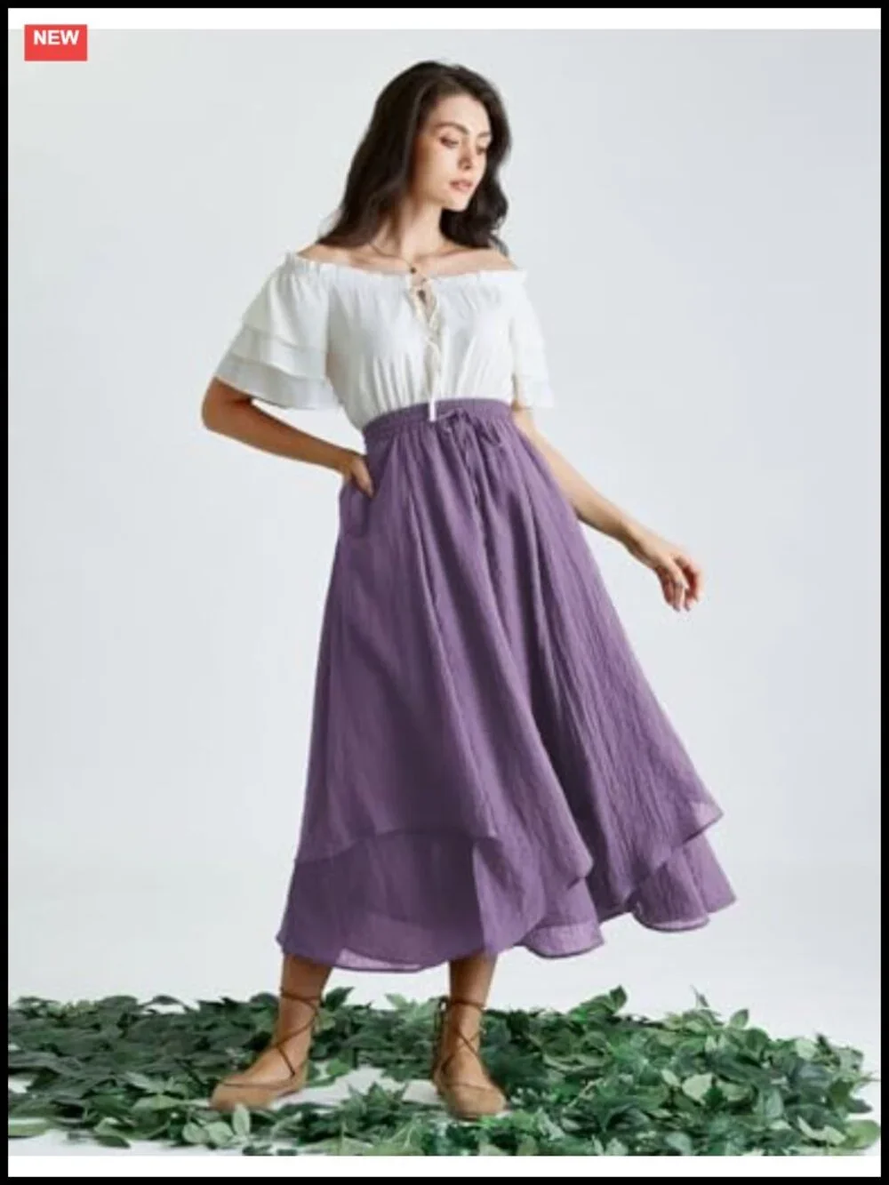 Renaissance Maxi Skirt with Pockets, Asymmetrical Layered A-Line, Elastic High